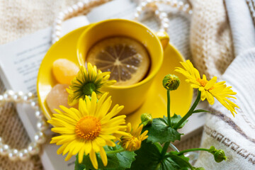 Beautiful background, tea, coffee, flowers, sweets. Delicious and beautiful.
