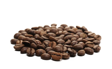 Pile coffee beans isolated on white background and texture