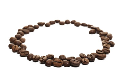 Pile coffee beans in shape circle isolated on white background and texture