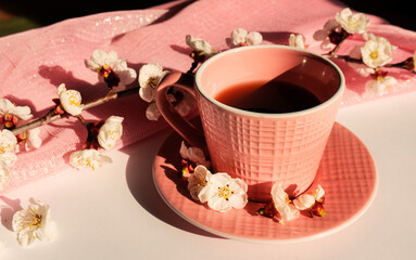 Beautiful background, tea, coffee, flowers, sweets. Delicious and beautiful.