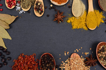 Background and frame made of various spices, some of which are on wooden spoons and are grouped around a slate plate