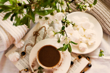 Beautiful background, tea, coffee, flowers, sweets. Delicious and beautiful.