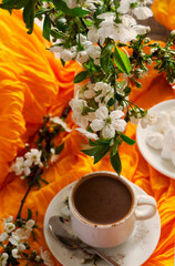 Beautiful background, tea, coffee, flowers, sweets. Delicious and beautiful.