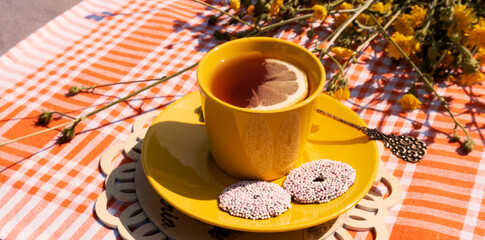 Beautiful background, tea, coffee, flowers, sweets. Delicious and beautiful.