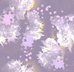 Abstract floral fashion digital in purple tones pattern wallpaper with honeycombs.