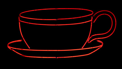 Red neon coffee cup sign isolated on black background