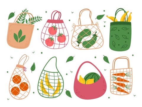 Eco bags. Different food savings string package, organic products shopping, green local market, fruit and vegetables, environmental concern, save the planet, vector cartoon isolated set