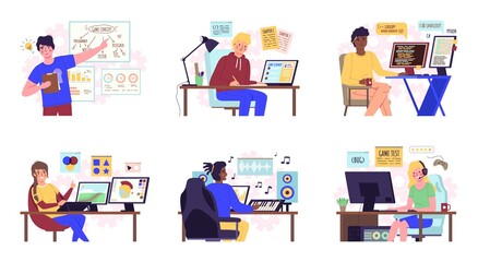 Game developers. Digital gaming industry employee, geek at work, process of software programming, concept formation, design and sounds, men and women vector cartoon flat isolated set