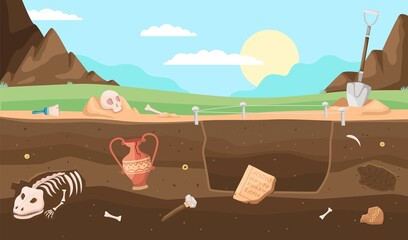 Archeology soil layers. Ancient bones in depths of earth, excavation area, fossils and skeletons, old antique vases and skull, cultural objects underground, vector cartoon flat concept © YummyBuum
