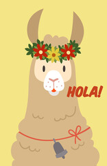Alpaca saying hello in spanish. Hola card. Cute llama greeting