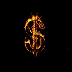 Single Dollar Sign of Fire Flames Alphabet on Black Background.