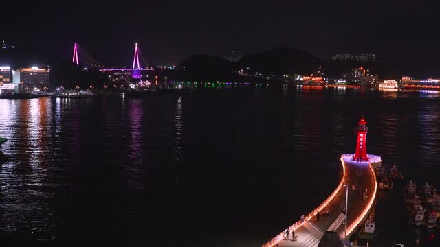 Aerial night view from cable car, Yeosu, South Korea