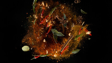 Freeze Motion Shot of Flying Mix Spices. Isolated on Black Background.