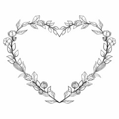 Hand drawn heart of flowers and leaves. Decorative spring floral romantic ornament. Vector illustration isolated on white background