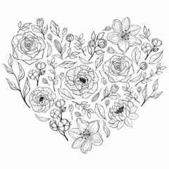 Hand drawn heart of flowers and leaves. Decorative spring floral romantic ornament. Vector illustration isolated on white background