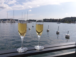 Enjoying champagne by the sea
