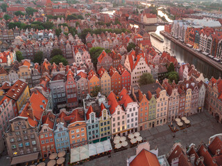 A warm summer day above the Old Town in Gdańsk. Aerial photo of the monuments of this old town.