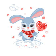 A cute bunny with a heart on a stick. Vector, on a white background.