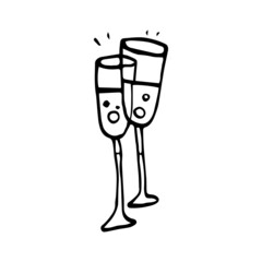 Champagne doodle set. Wedding party drinks. Doodle illustration. Bottle and wineglass of sparkling wine.