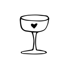 Champagne doodle set. Wedding party drinks. Doodle illustration. Bottle and wineglass of sparkling wine.