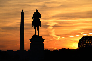 Washington DC at sunset  - Silhouettes of Ulysses S. Grant Memorial and the Monument during sunset...