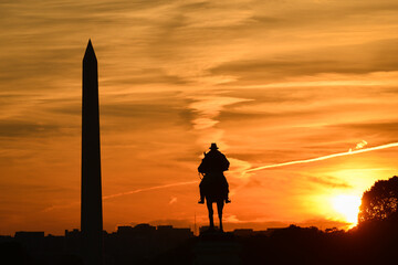 Washington DC at sunset  - Silhouettes of Ulysses S. Grant Memorial and the Monument during sunset...