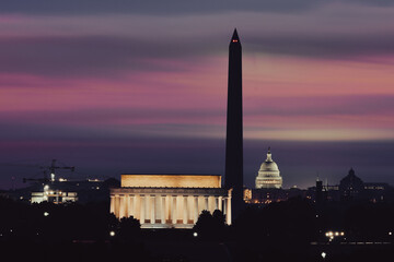 Washington D.C. skyline at night with major monuments in view - Washington D.C. United States of...