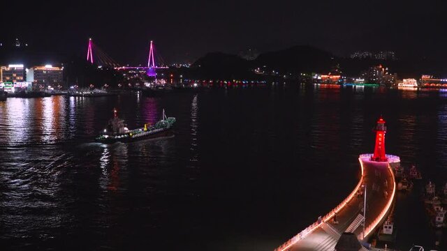 Aerial night view from cable car, Yeosu, South Korea