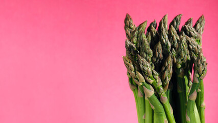 on the right is a bunch of stems of green young raw asparagus on a pink background. green...