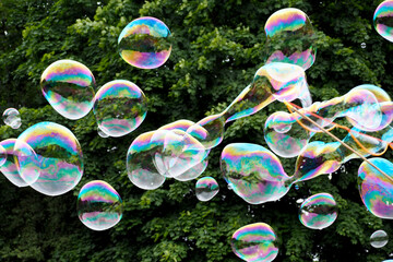 many round soap bubbles fly in the air against the background of green trees. soap bubble festival . children's holiday