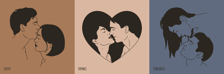 Couple in love. Romantic lovers portrait. Heart frame. Linear face set