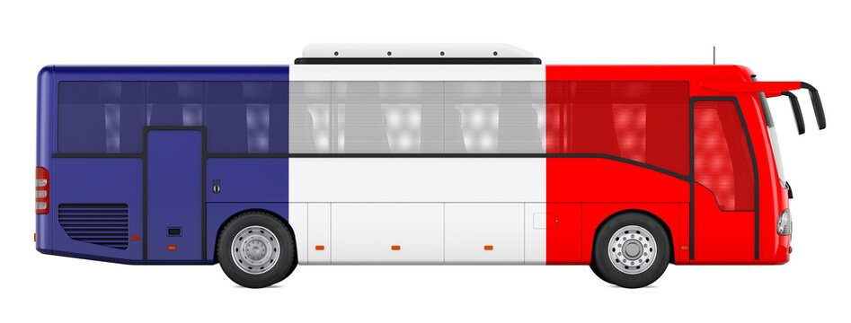 Bus travel in France, French bus tours, concept. 3D rendering