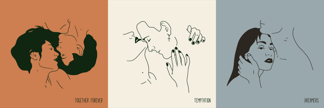 Couple in love. Romantic lovers faces. Linear sketch portrait set