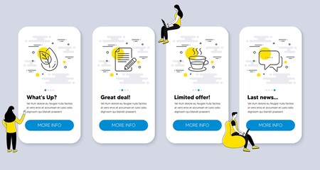 Set of Business icons, such as Article, Organic product, Coffee cup icons. UI phone app screens with people. Message line symbols. Feedback, Leaf, Tea mug. Chat bubble. Phone UI banners. Vector