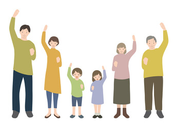 Obraz premium イラスト素材：笑顔でガッツポーズをとっている3世代家族のイラストセット