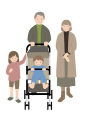 イラスト素材：孫と一緒にお出かけしている祖父と祖母のイラストセット