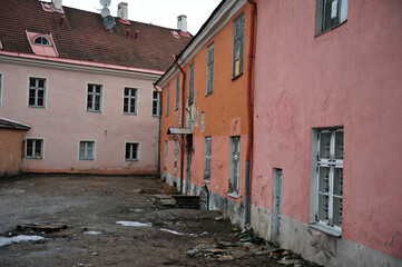 Old abandoned pink buildings in Tallinn, Estonia.