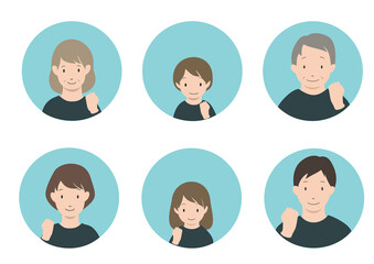 Fototapeta premium イラスト素材：笑顔でガッツポーズをとっている3世代家族のアイコンセット