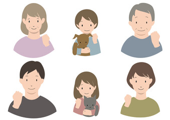 笑顔でガッツポーズをとっている3世代家族とペットのアイコンセット