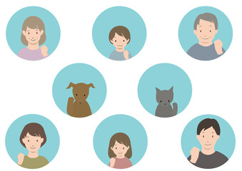 笑顔でガッツポーズをとっている3世代家族とペットのアイコンセット