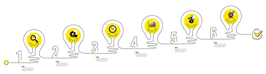 Lightbulb journey path infographics. Business Infographic timeline with 6 steps. Workflow process diagram with Research, Working time, Growth chart and Goal target icons. Vector