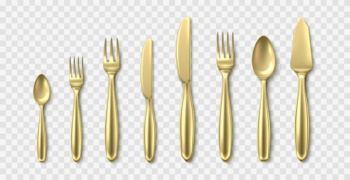 Golden 3d cutlery. Realistic spoons, forks and knives, luxury cutlery, yellow metal top view tableware, serving table dining utensils, restaurant and cafe serving elements vector isolated set
