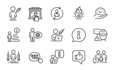People icons set. Included icon as Cogwheel, Coronavirus injections, Delivery market signs. Quick tips, Safe time, Like symbols. Builder warning, Family questions, Heart flame. Person info. Vector