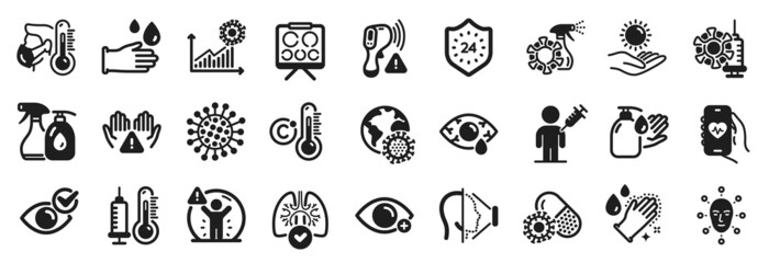 Set of Medical icons, such as Ð¡onjunctivitis eye, Rubber gloves, People vaccination icons. Health app, Coronavirus vaccine, Electronic thermometer signs. Face id, Coronavirus, Wash hands. Vector