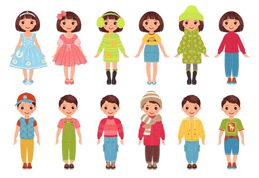 Kids different wearing. Stylish happy girls and boys characters. Childish outfits. Teenage models. Fashionistas in summer or winter trendy clothes. Vector children fashion apparels set