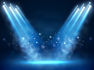 Illuminated stage and blue smoke. Night lightning in fog. Searchlight beams. Presentation 3D platform with mist and spotlight ray. Glowing particles. Scene illumination. Vector background - obrazy, fototapety, plakaty