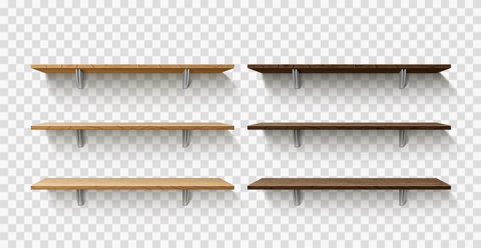 Realistic wooden store shelves. Dark and light timber library racking. 3D hanging wall exhibition stands for product presentation. Empty interior furniture. Vector blank bookshelves set
