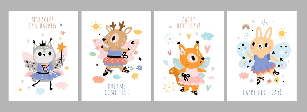 Cute fairy cards. Little animals girls with delicate wings and magic wands. Forest princesses. Ballerina owl and bunny. Cartoon dancing fawn and squirrel. Vector birthday postcards set