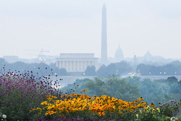 Washington D.C. skyline in a foggy day with major monuments in view - Washington D.C. United States...