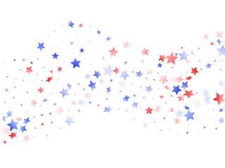 Flying red blue white star sparkles on white vector american patriotic background.